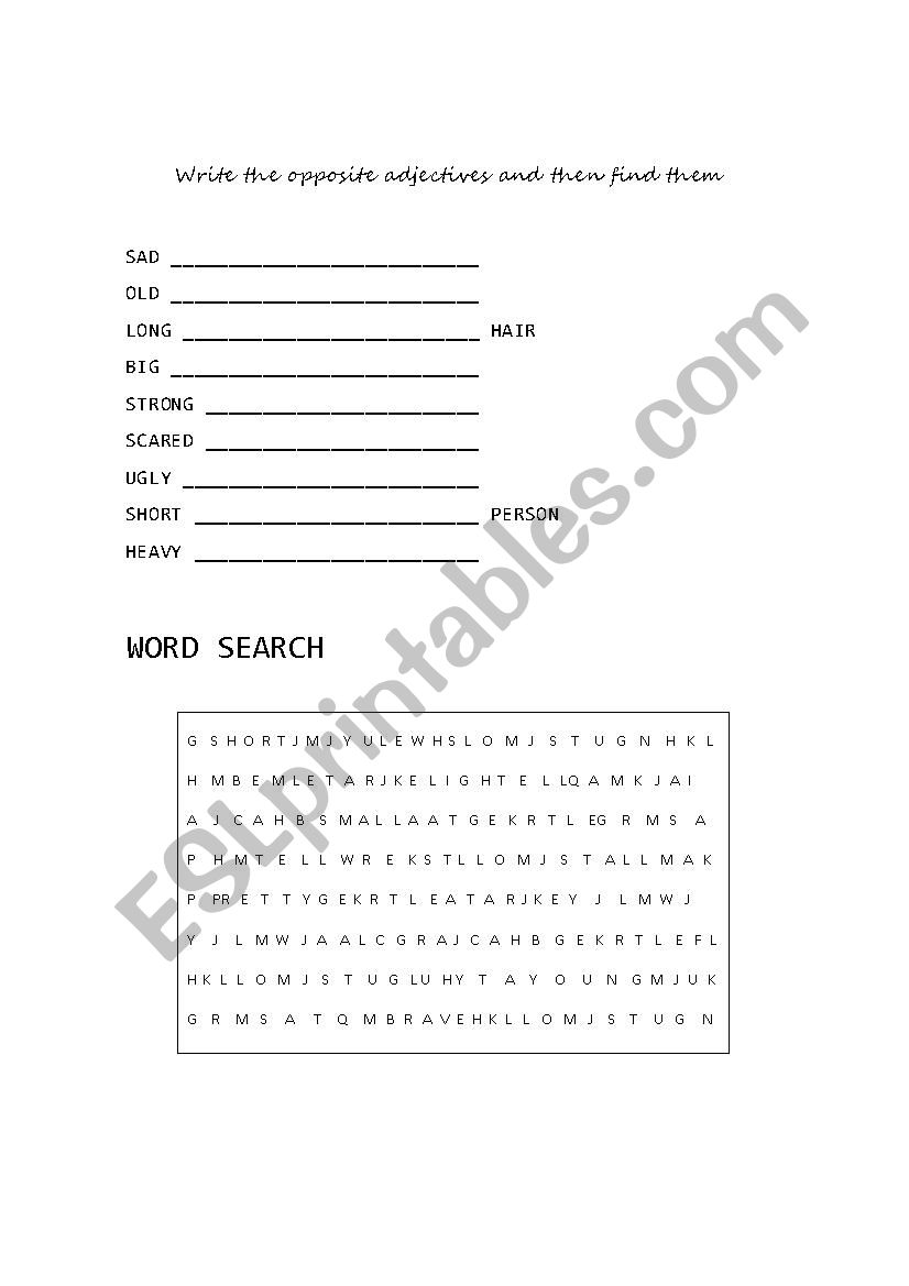 adjectives word search worksheet