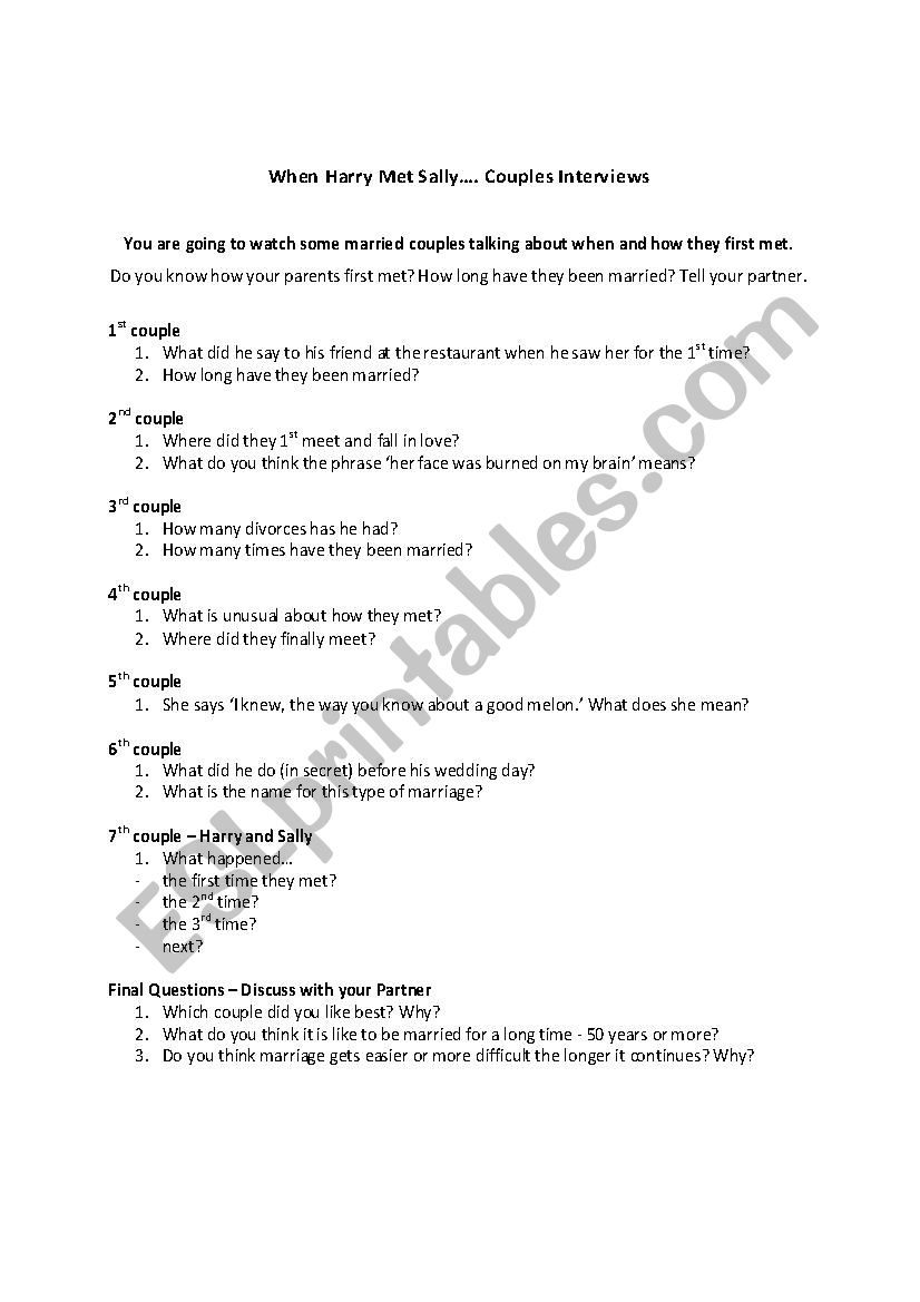 When Harry met sally old couples interviews (at the end of movie) worksheet