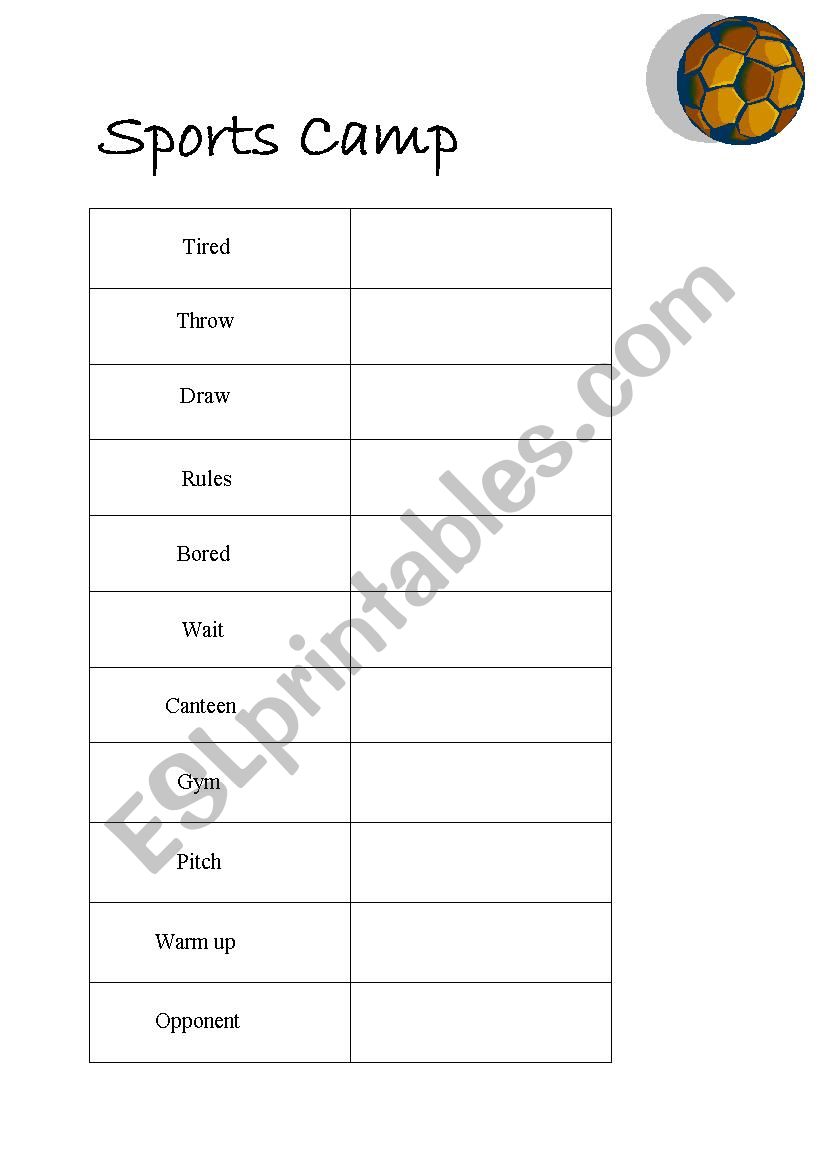 Sports Camp Vocabulary worksheet