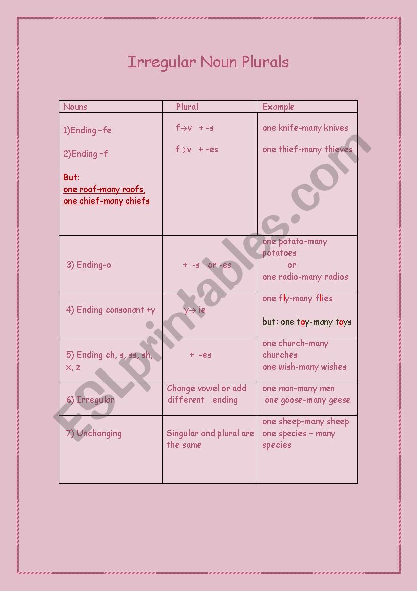 Irregular Noun Plurals worksheet