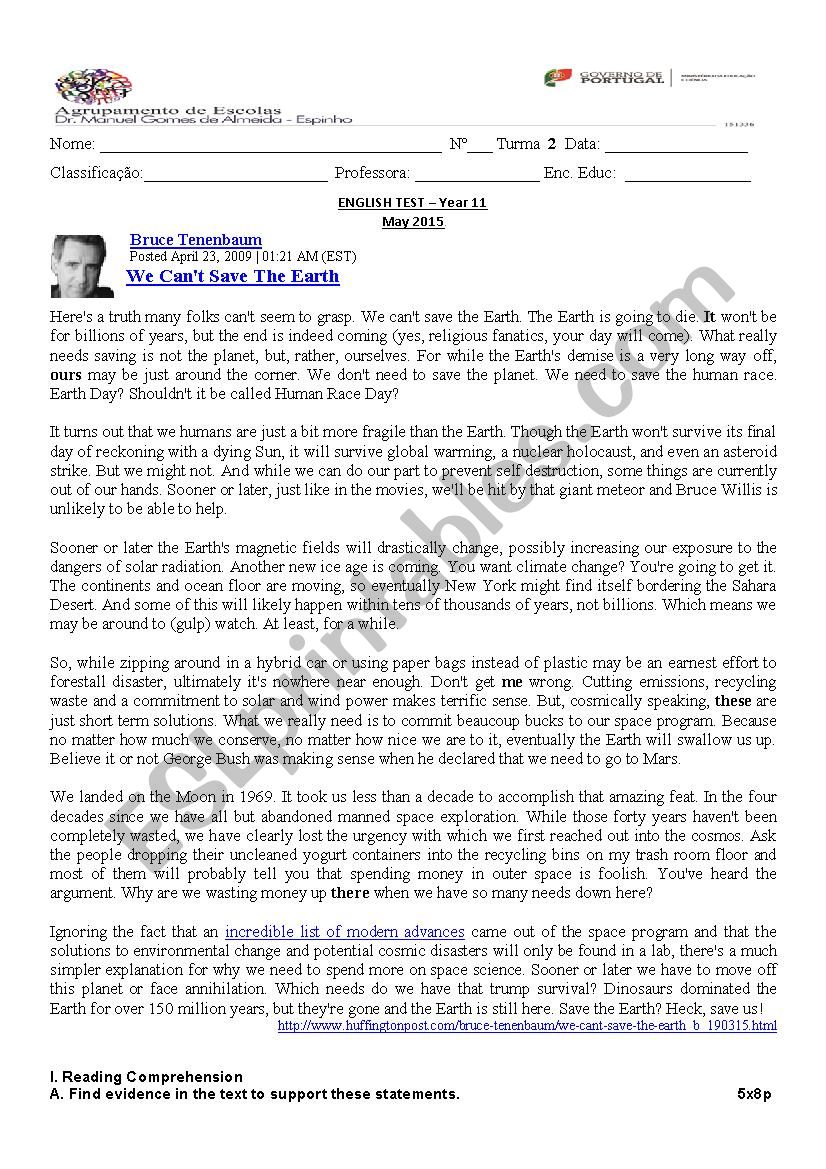 WE CANÂ´T SAVE THE EARTH worksheet
