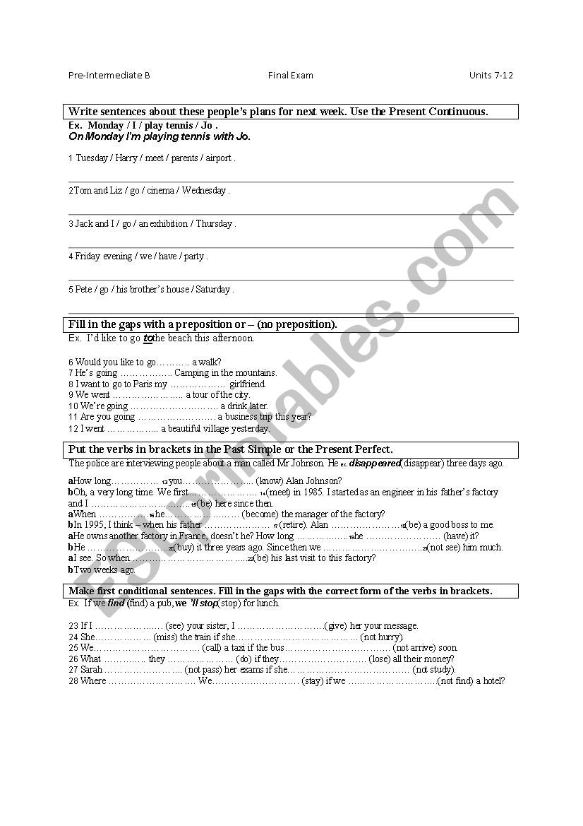 Face to Face Pre-Intermediate B Final Exam Units 7-12