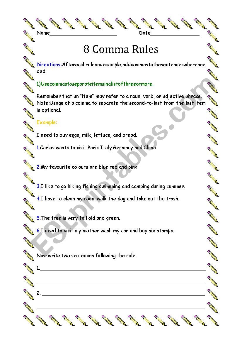 Comma Rules worksheet