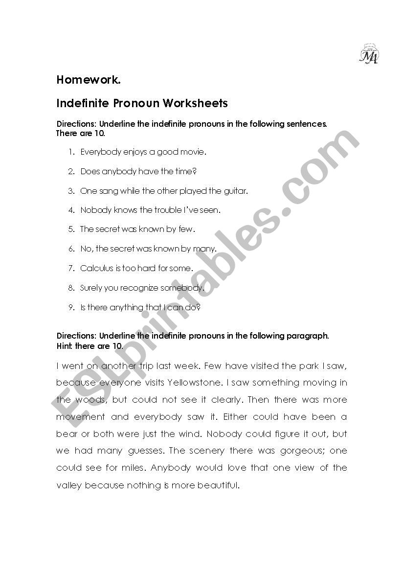 iNDEFINITE pRONOUNS worksheet