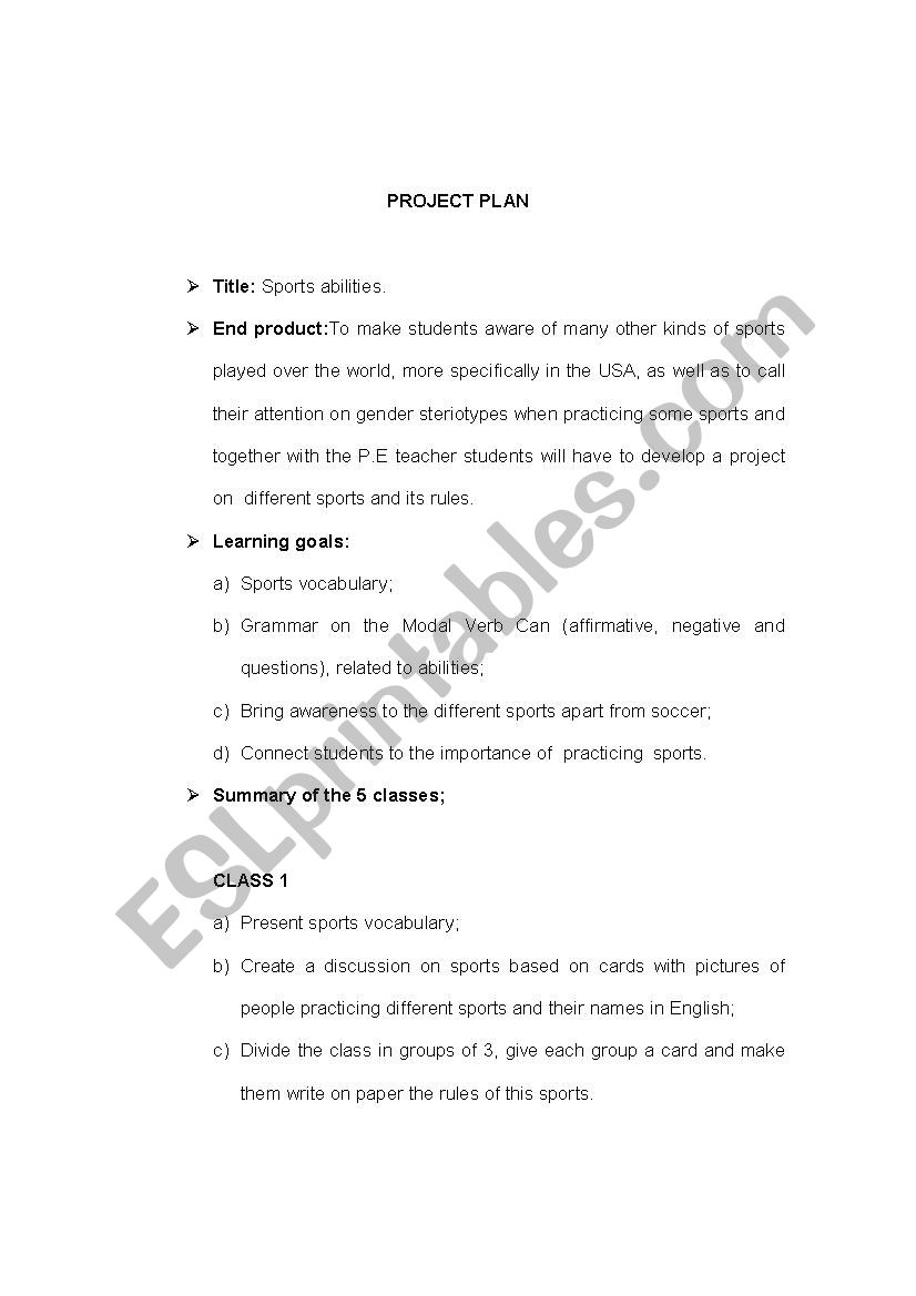 PROJECT PLAN - Sports worksheet