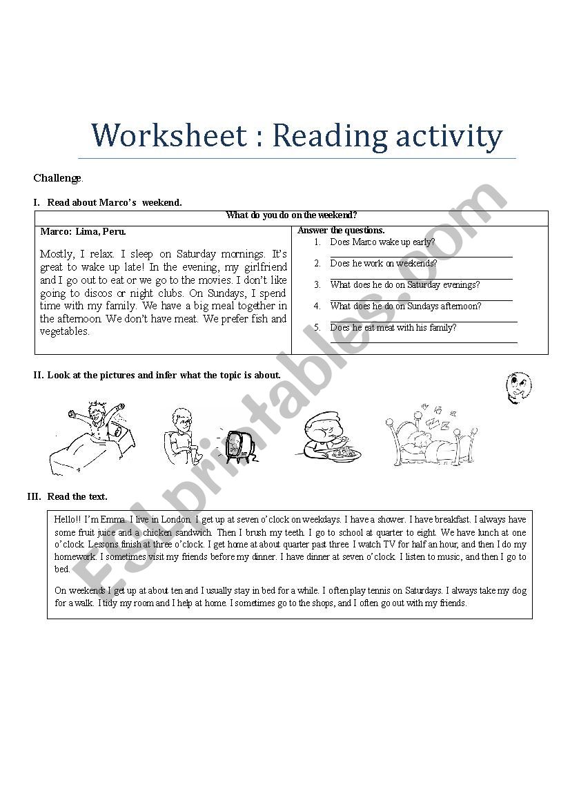 Daily activities worksheet