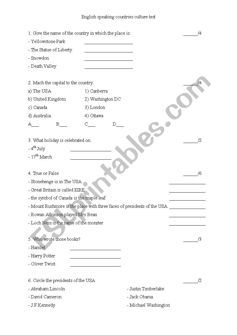 Culture Test worksheet