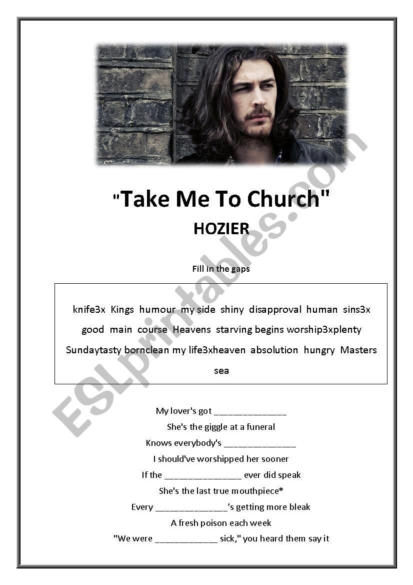take me to church by HOZIER worksheet