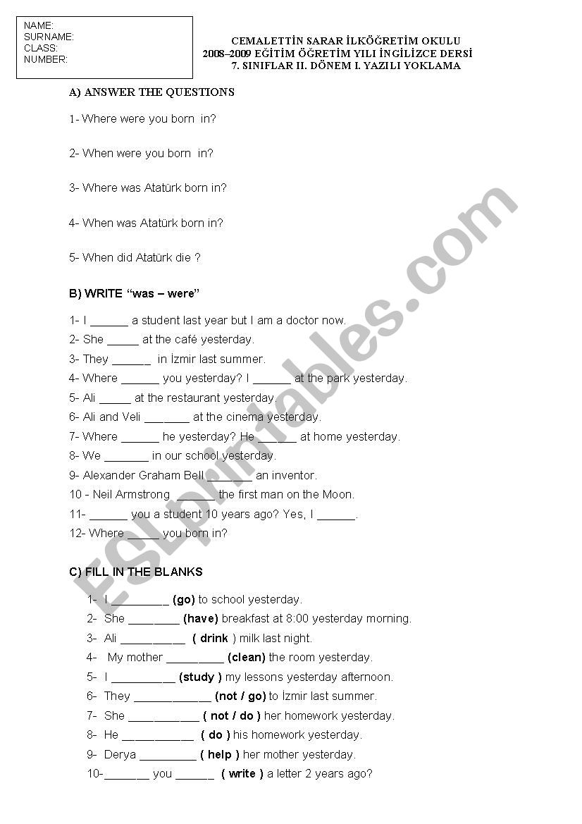 7 grade exam Simple Past Tense