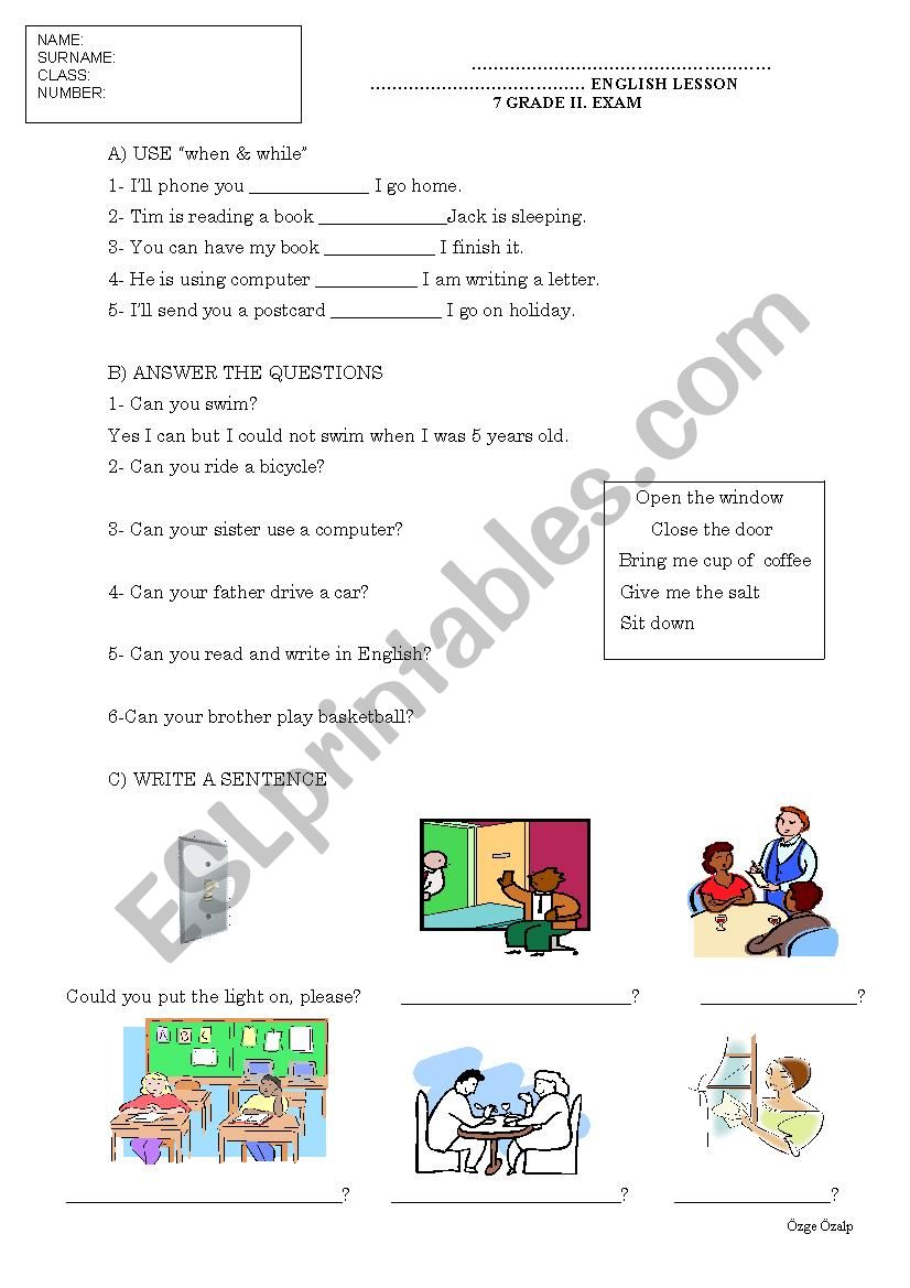 7 grade intermediate past tense exam paper