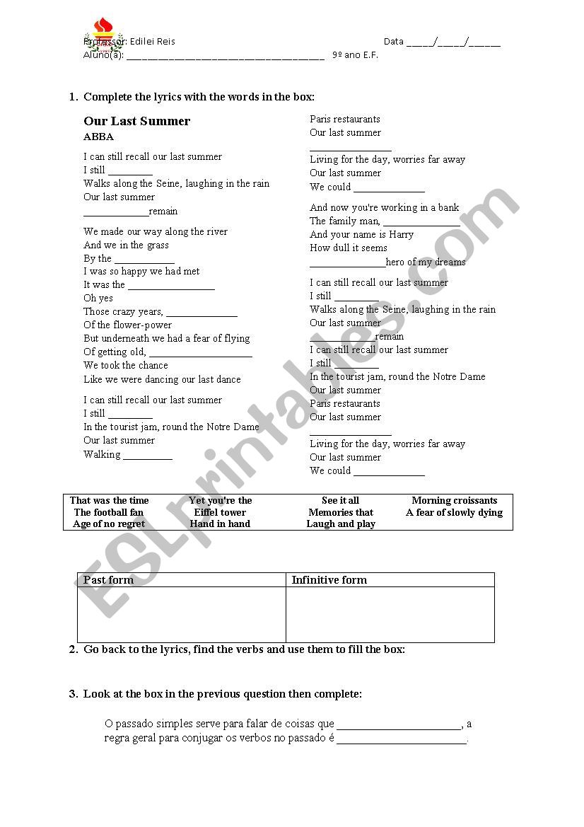 simple past - our last summer worksheet