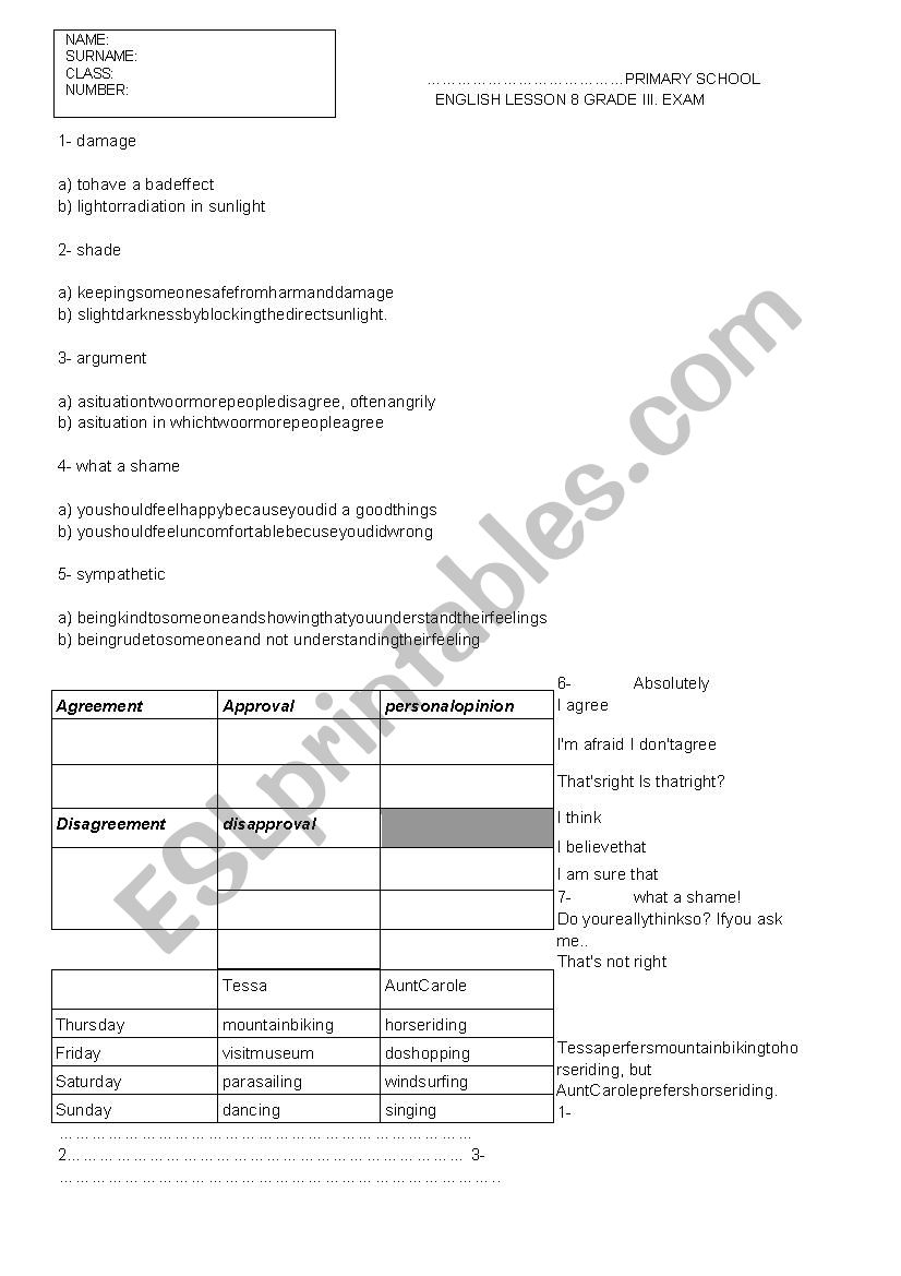 7 grade III. exam worksheet