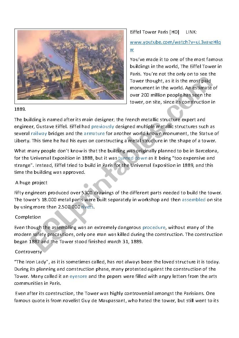 The Eiffel Tower - Paris worksheet