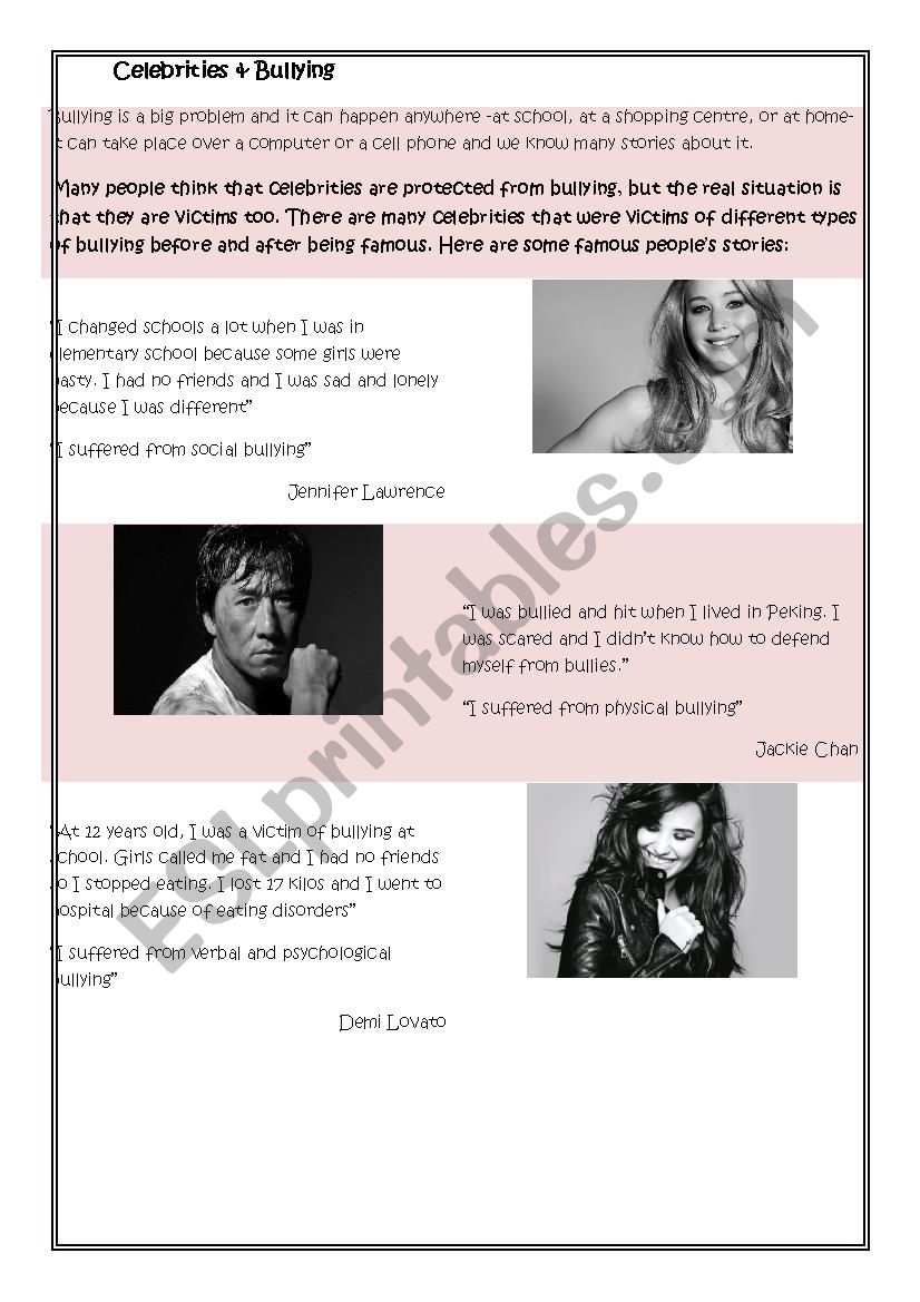 Celebrities and bullying worksheet