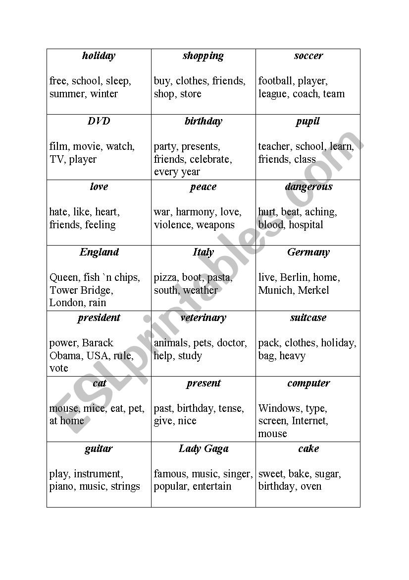 Taboo! Game Sheet worksheet