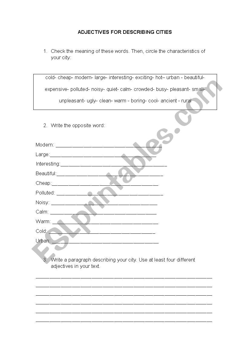 Adjectives describing cities worksheet