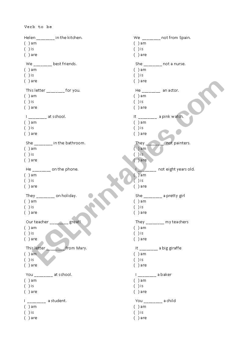 verb to be worksheet