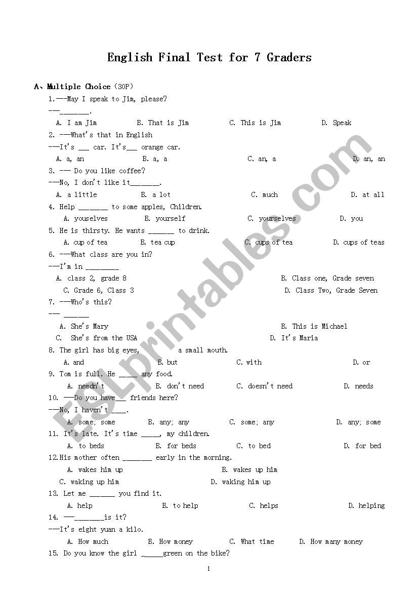 English Final Test for 7 Graders