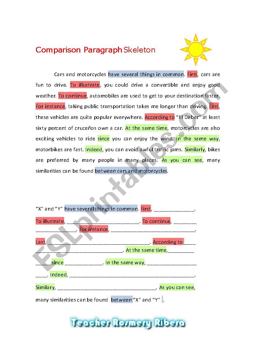 Comparison Paragraph SKELETON worksheet