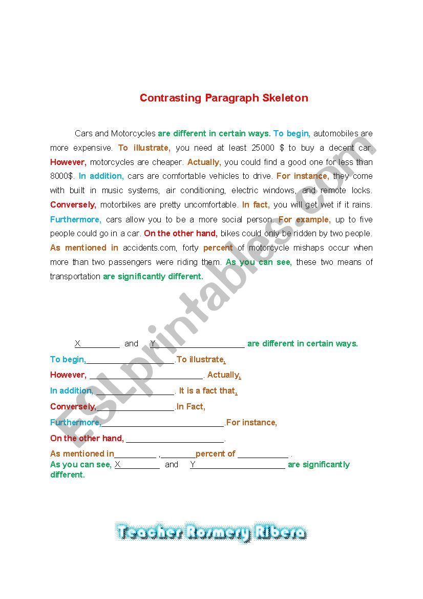 Contrasting Paragraph writing worksheet