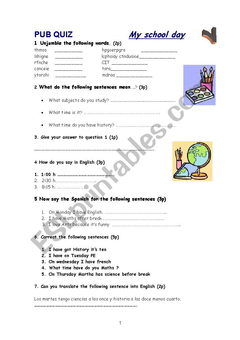 SUBJECTS AND TIMETABLE worksheet