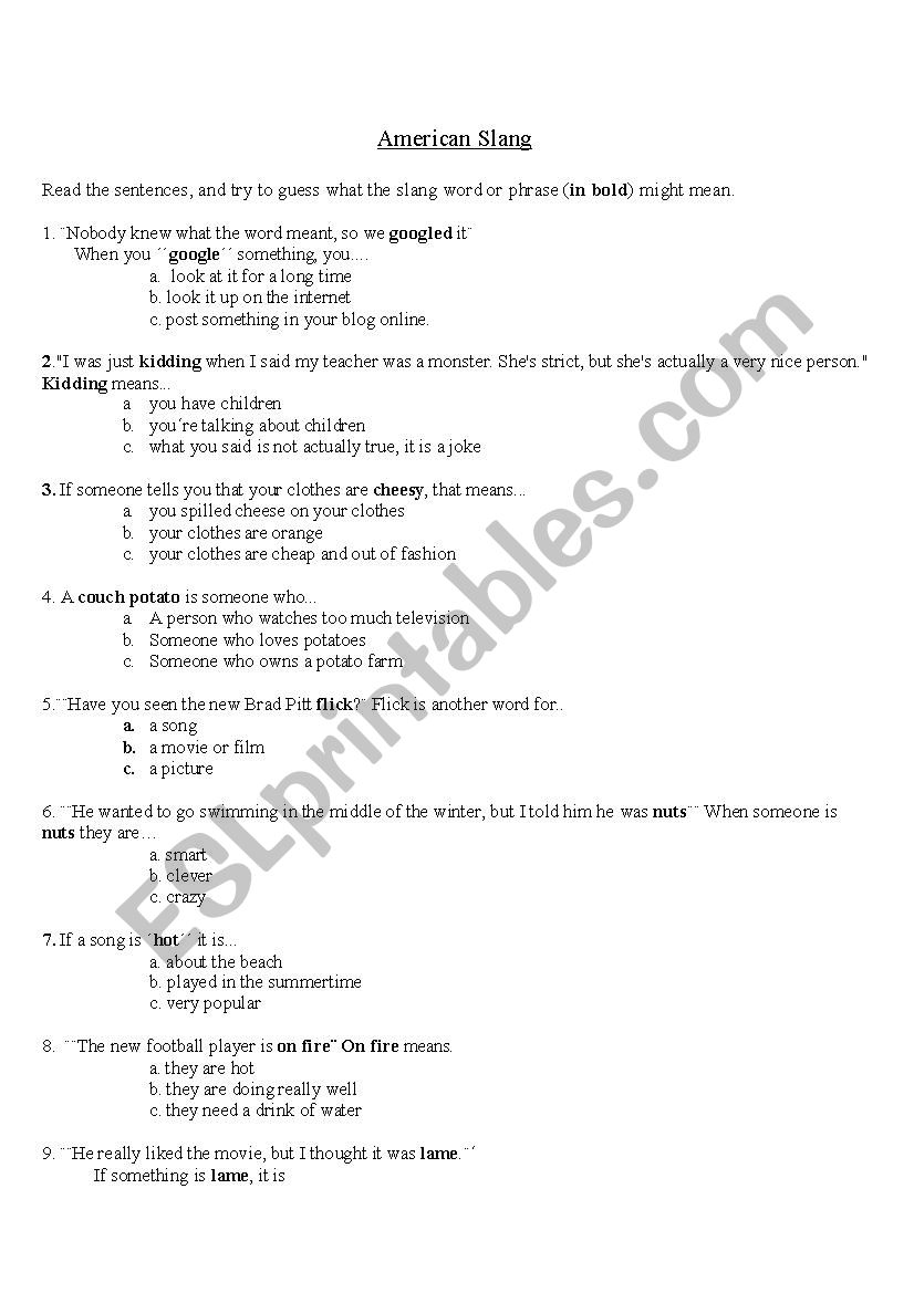 American Slangs worksheet