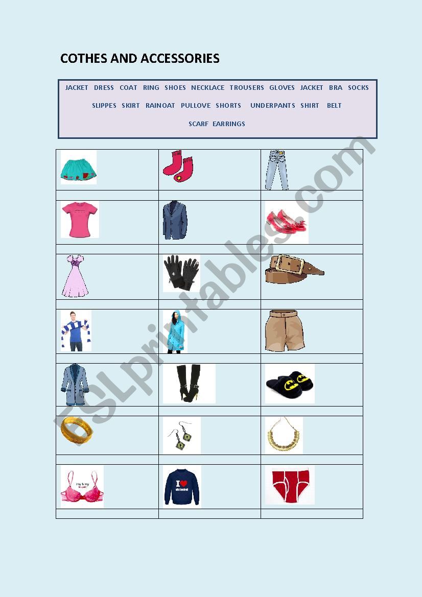 CLOTHES AND ACCESSORIES worksheet