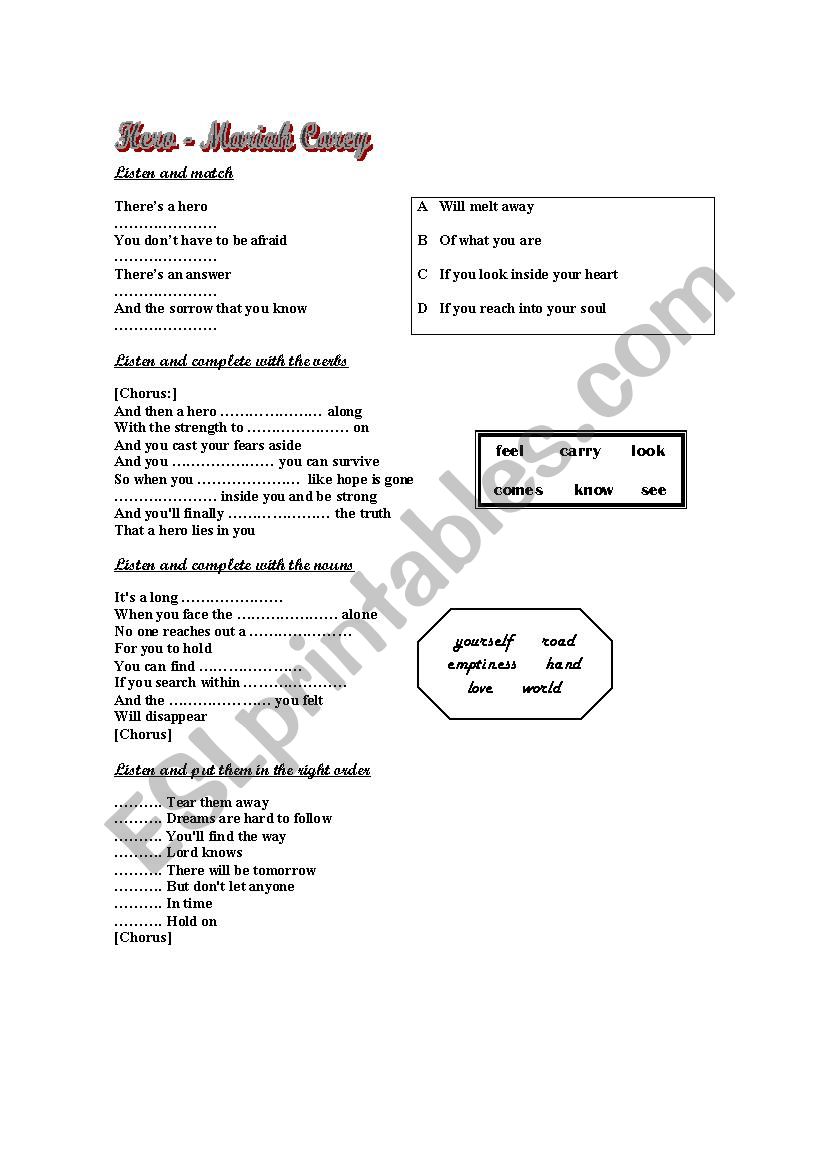 HERO SONG worksheet