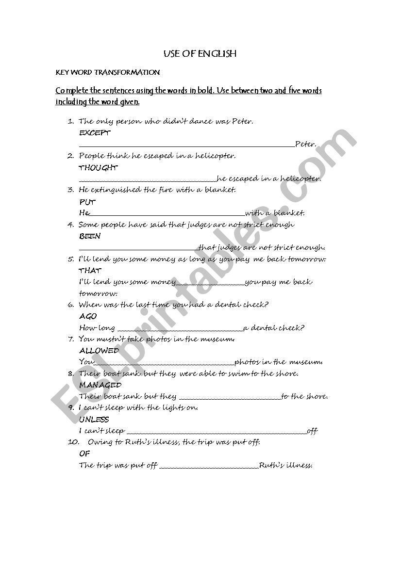 KEY WORD TRANSFORMATION worksheet