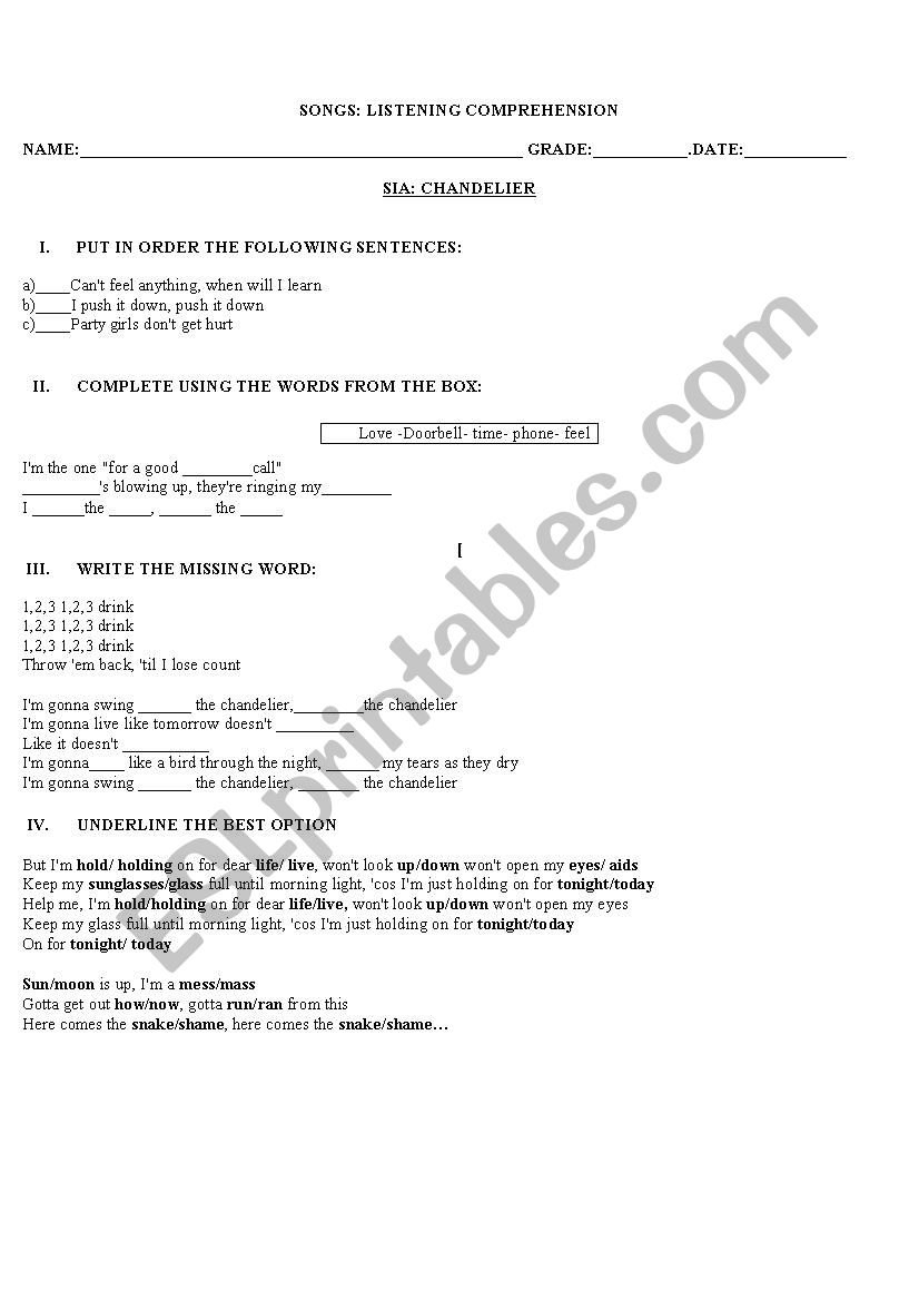 CHANDALIER SONG worksheet