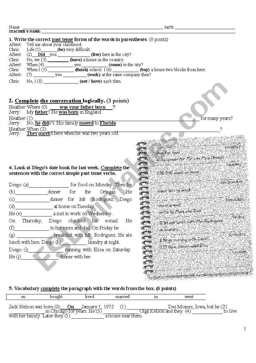 Simple past exam worksheet