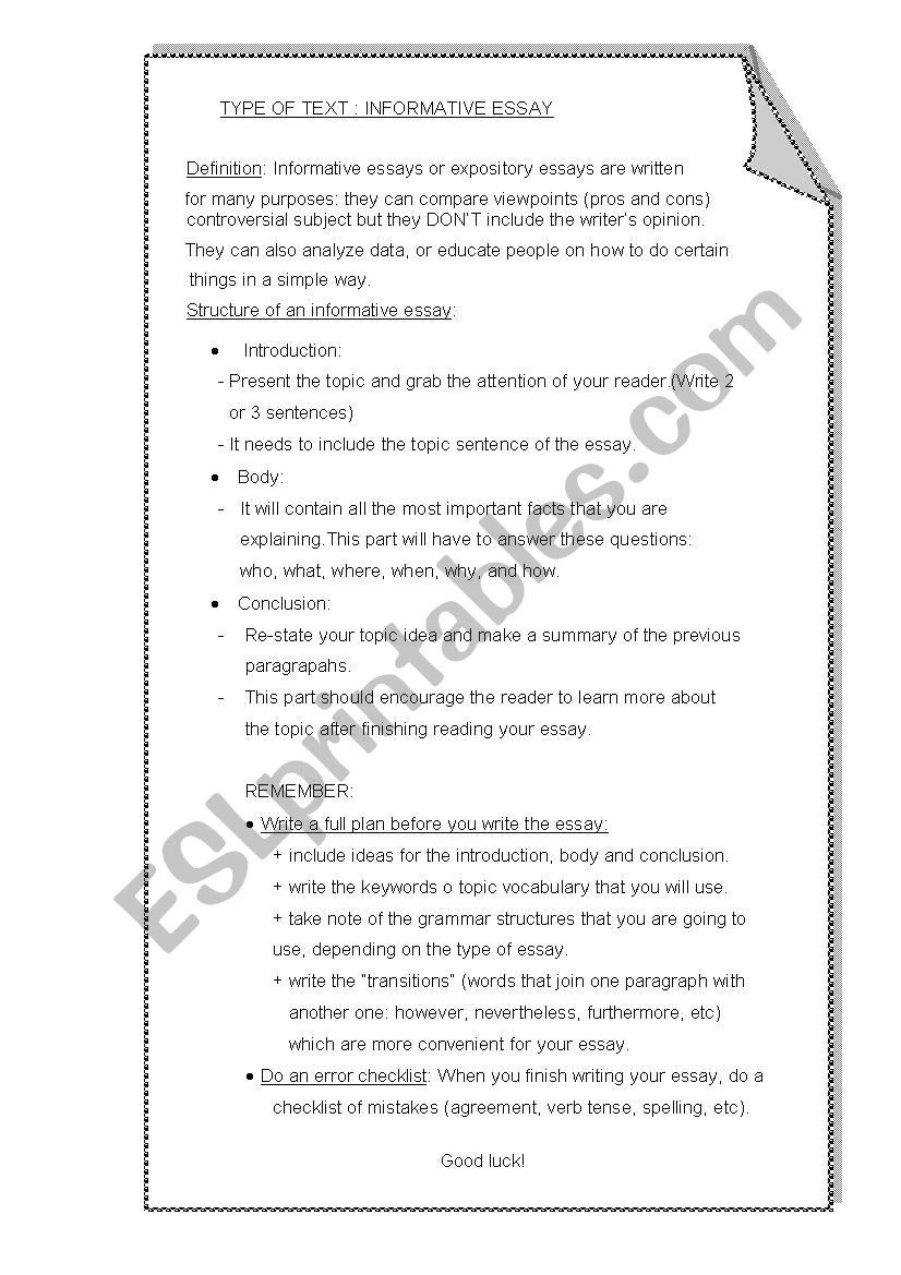 worksheet informative essay