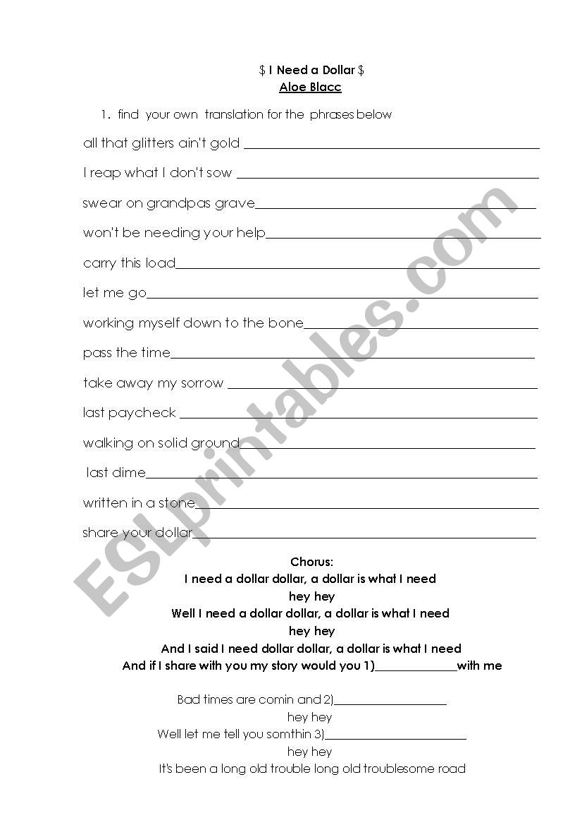 Aloe Blacc- need a dollar (song worksheet)