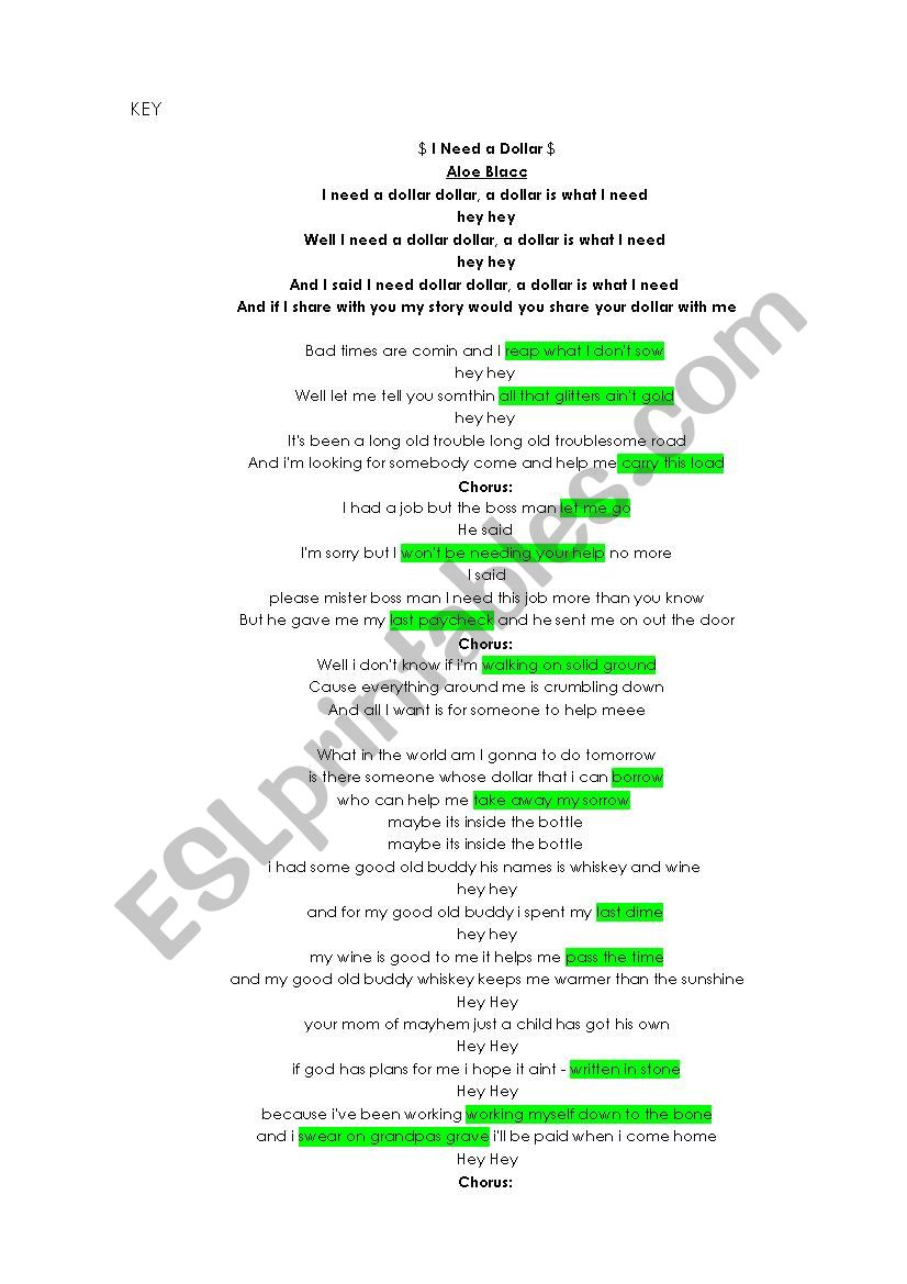 Aloe Blacc- need a dollar (song worksheet) - ESL worksheet by Xtina_tutor