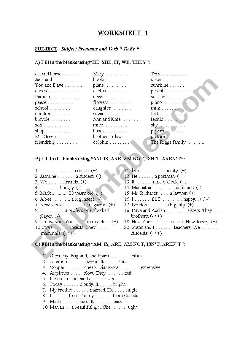 BE VERB worksheet