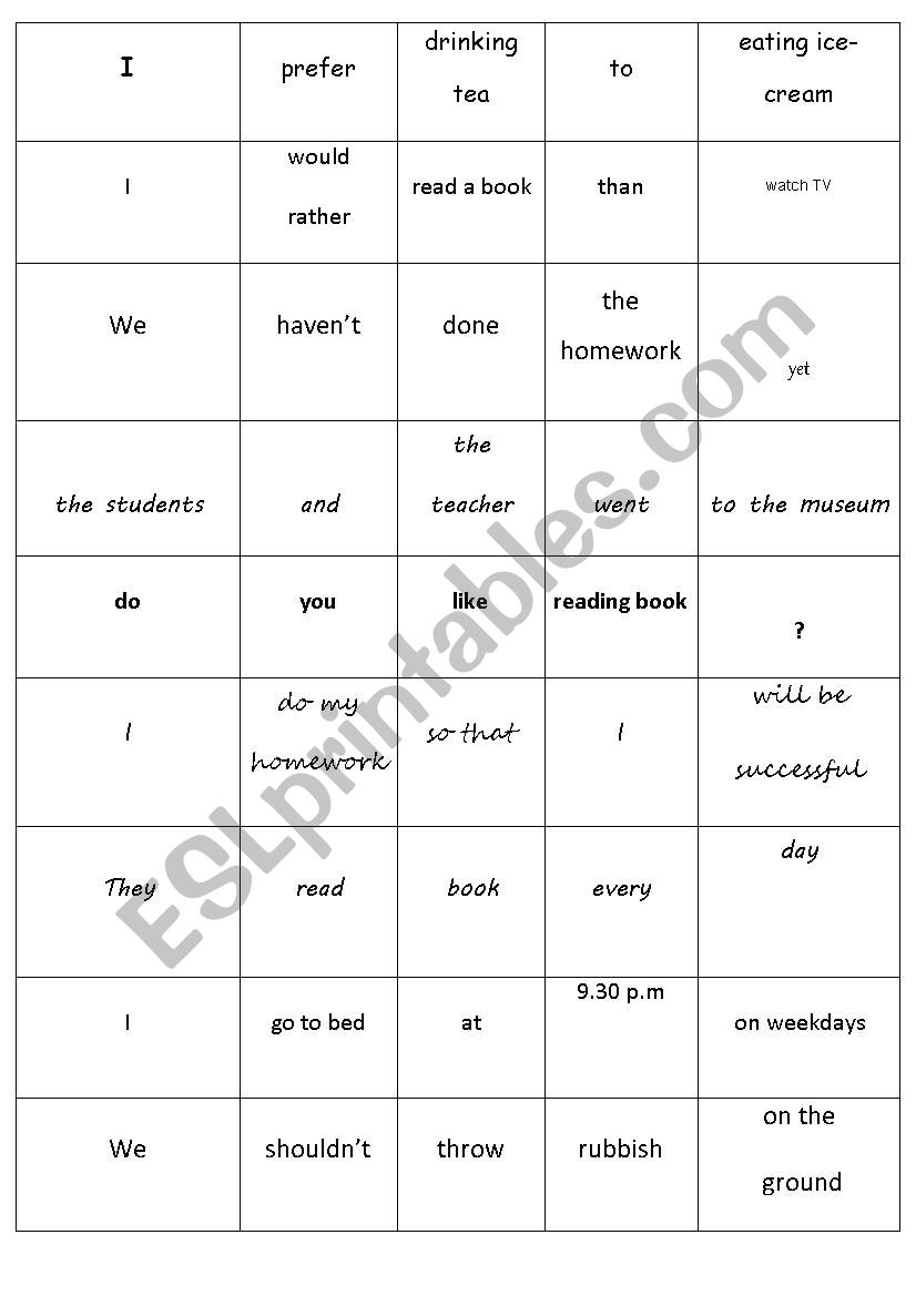 sentence building worksheet