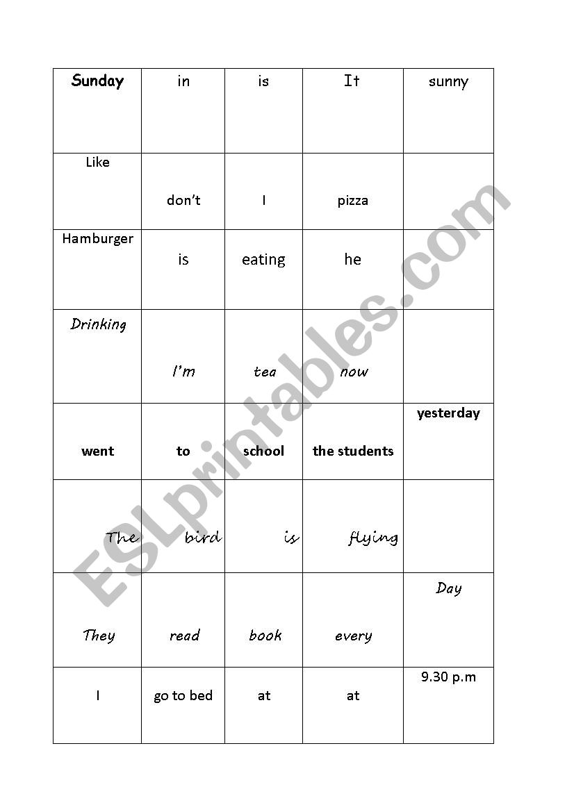 sentence order game worksheet