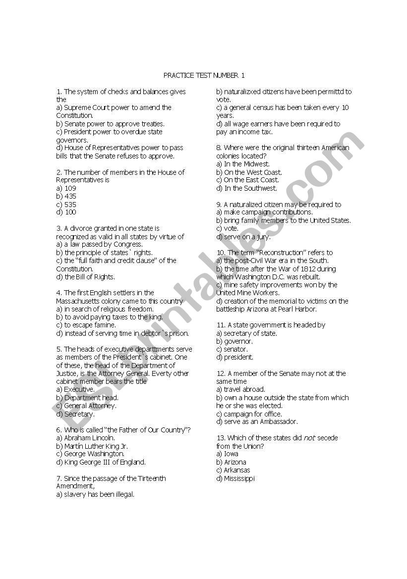US HISTORY TEST 1 worksheet