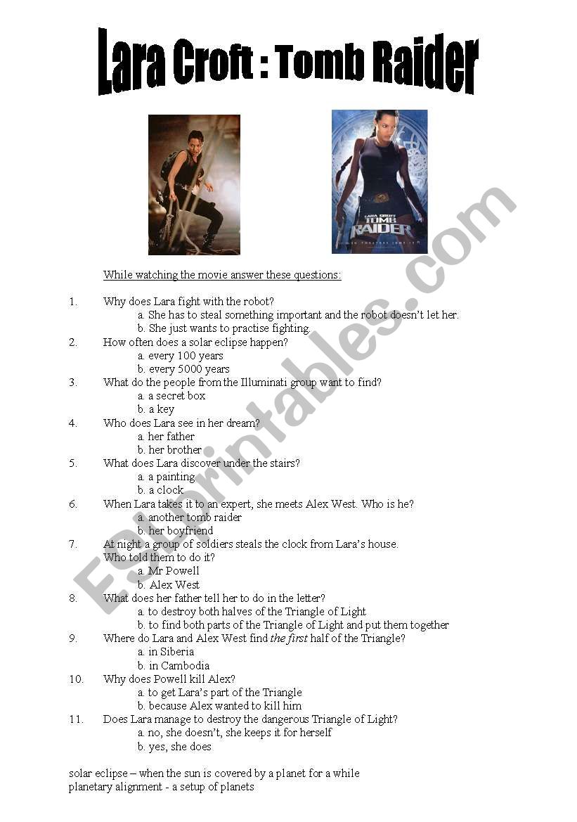 Tomb Raider movie comprehension questionnaire