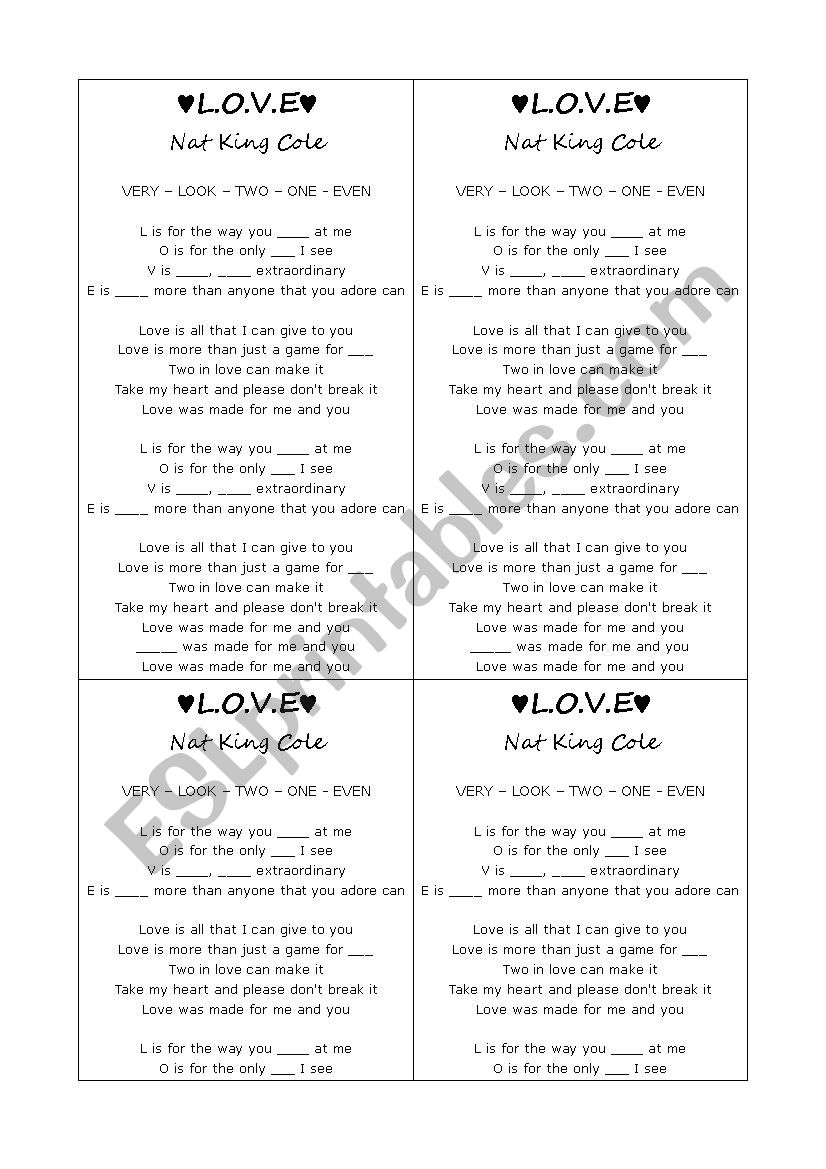 LOVE - Nat King Cole Worksheet