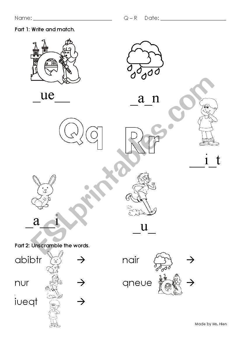 Letters Q - R worksheet