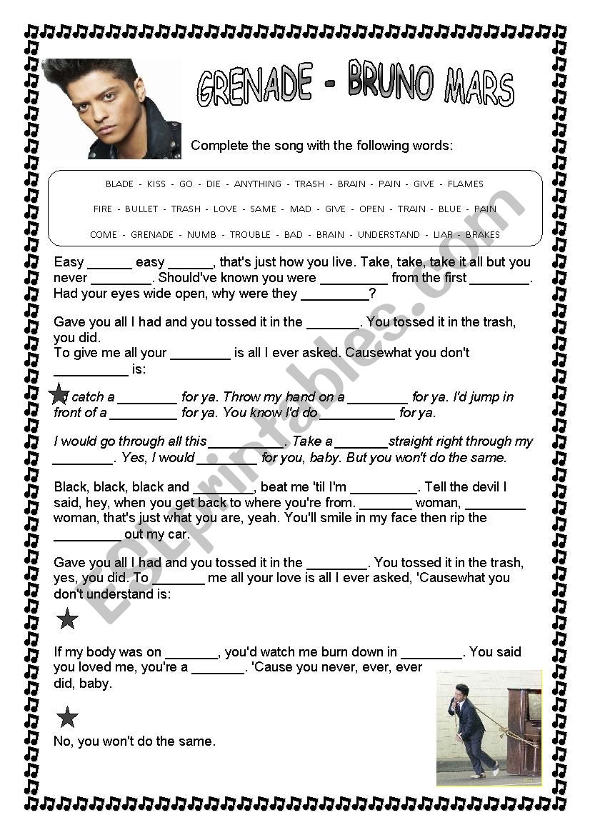 Bruno Mars - GRENADE  worksheet