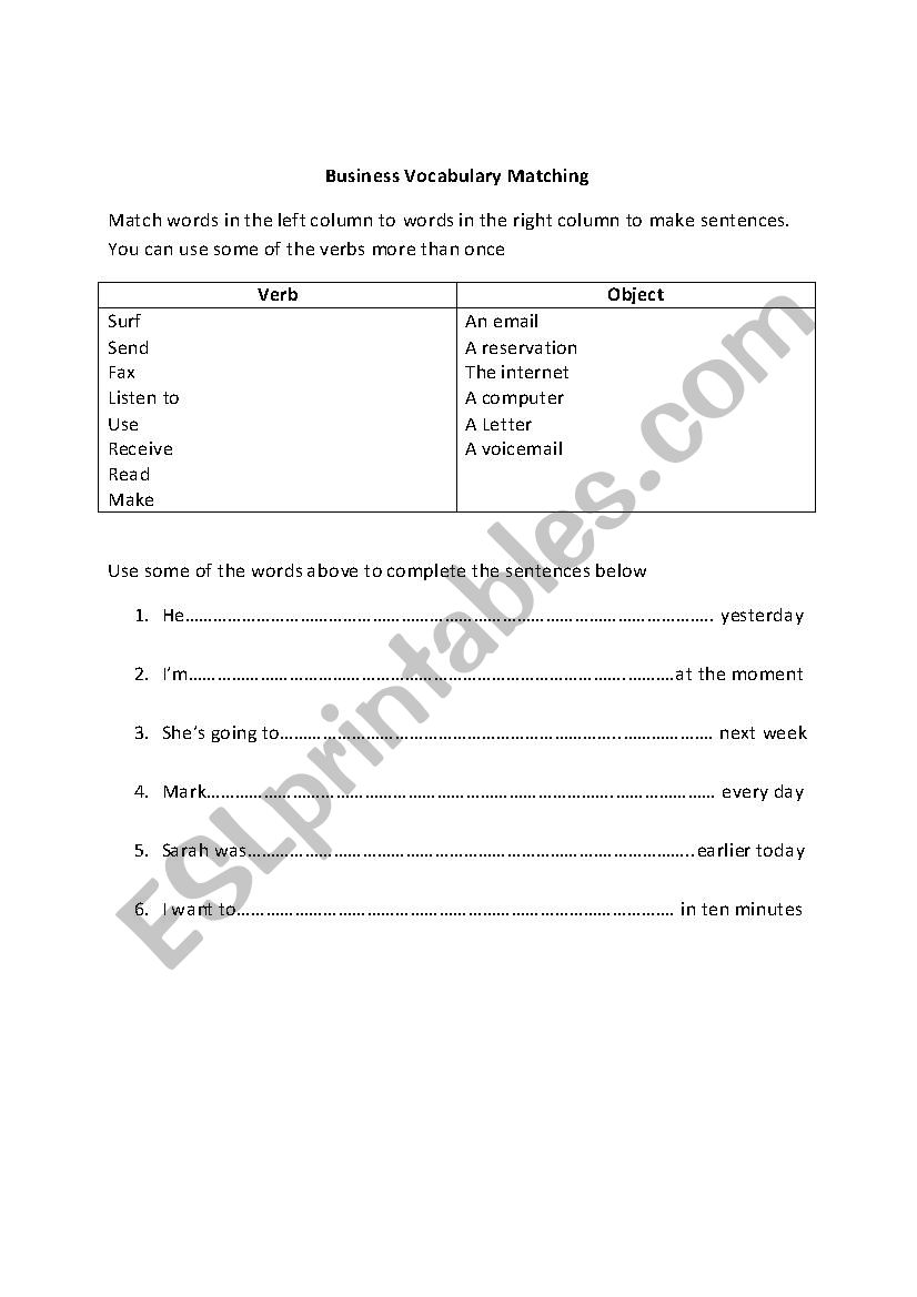 Business Vocabulary Matching worksheet