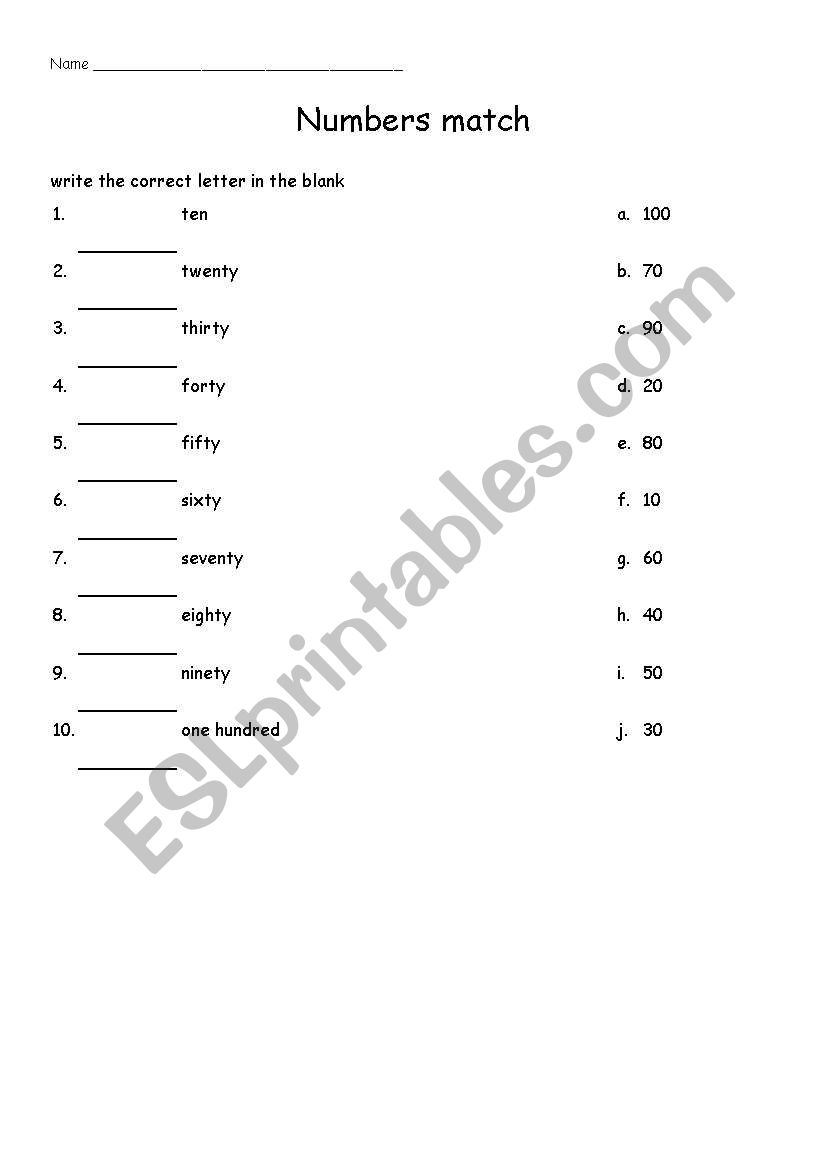 numbers match 10 by 10 worksheet
