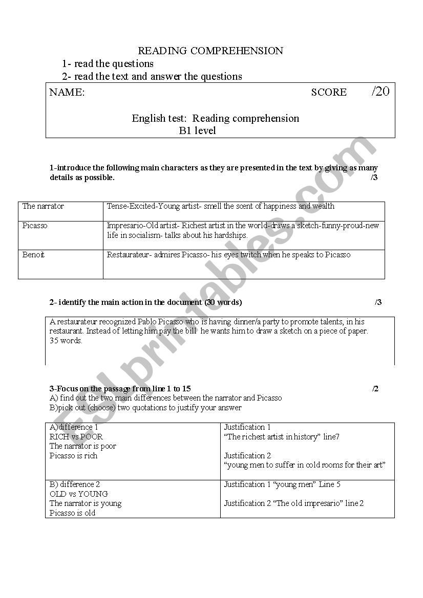 Reading comprehension TEST -B1-Art sequence