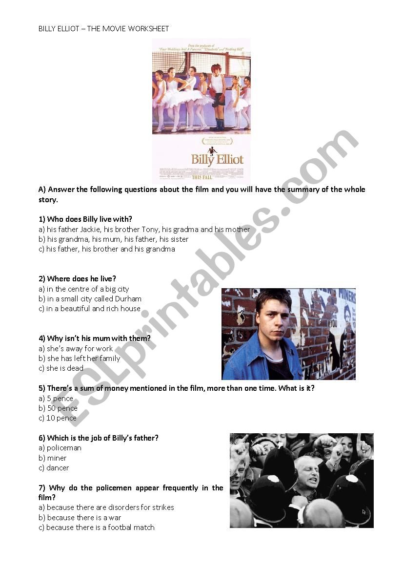 BILLY ELLIOT, THE MOVIE WORKSHEET