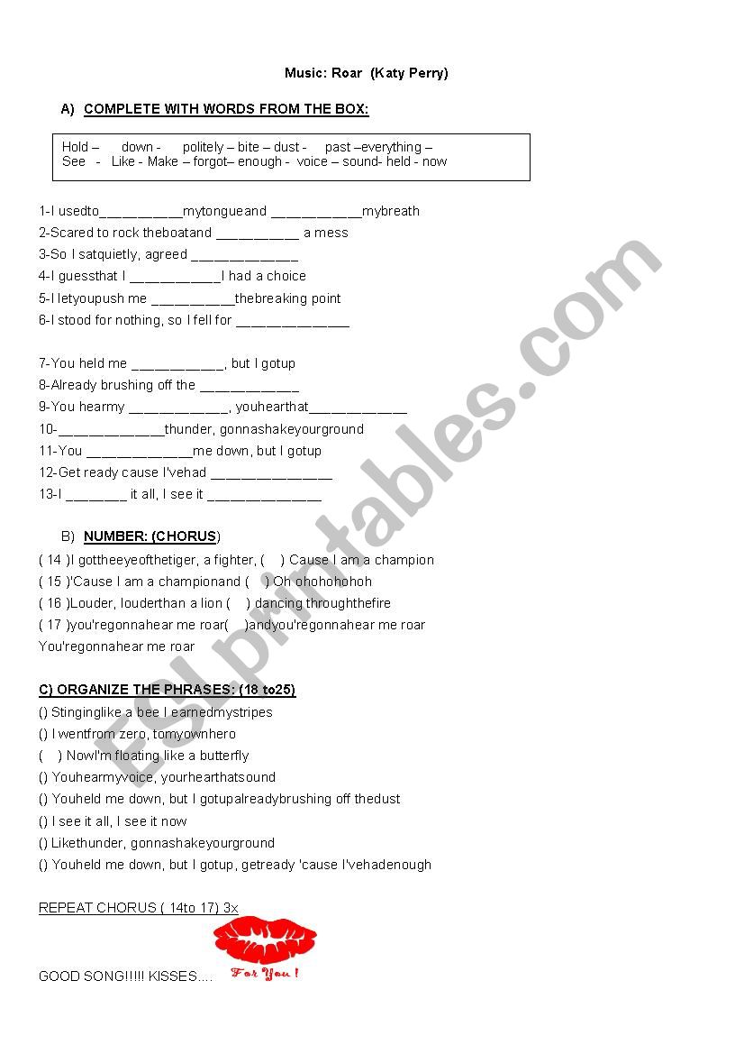 Music_ Roar Katy Perry worksheet