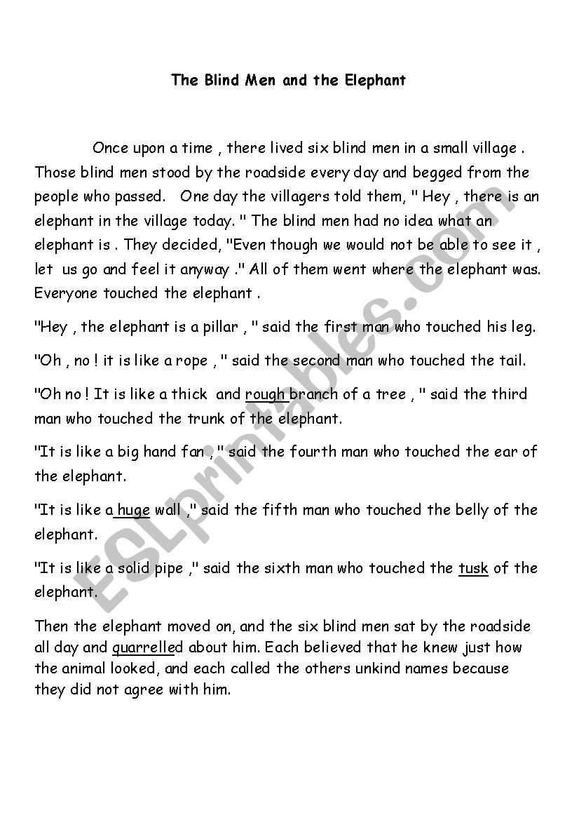 Blind men and the elephant worksheet