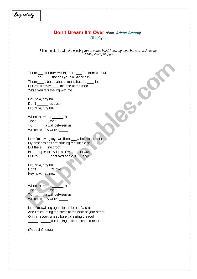 DonÂ´t dream itÂ´s over  worksheet