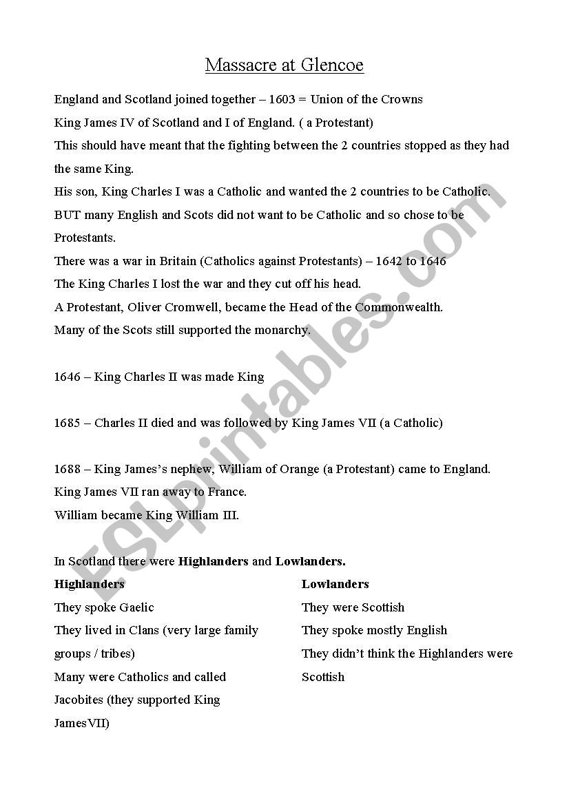 Massacre at Glen Coe worksheet